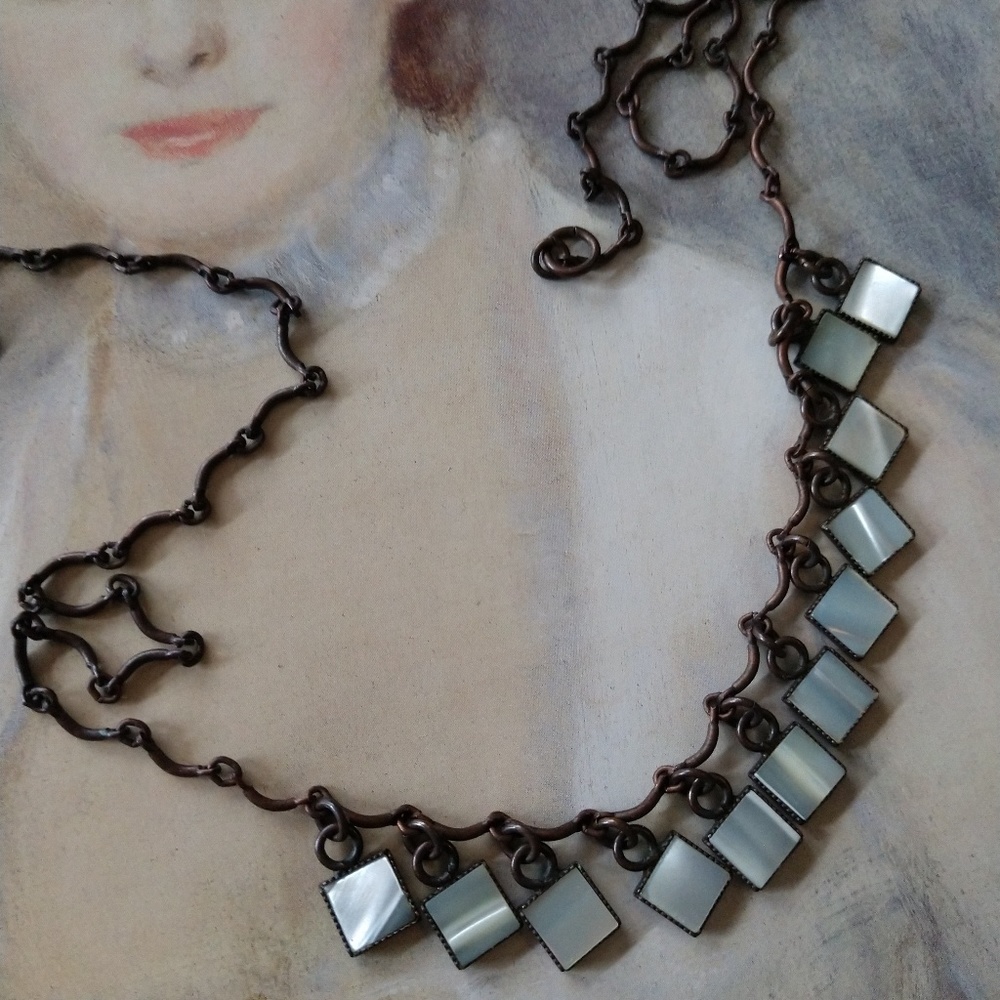 Anthropologie Copper Chain Necklace with Iridescent White Square Charms